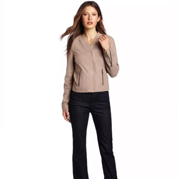 Joie Kellyn Opal Leather Taupe Cream Jacket  Zipper Size M - Picture 5 of 15